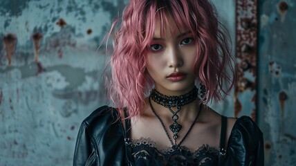 Image showing Teen Chinese Woman with Pink Curly Hair Goth style Illustration.