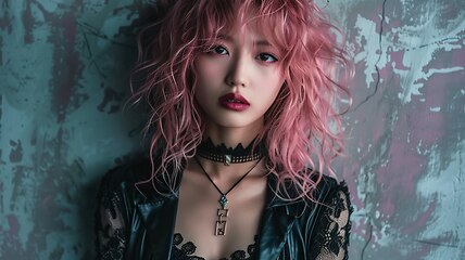 Image showing Teen Chinese Woman with Pink Curly Hair Goth style Illustration.