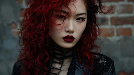 Image showing Teen Chinese Woman with Red Curly Hair Goth style Illustration.