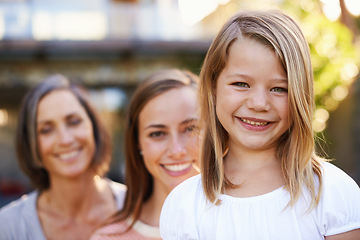 Image showing Smile, family and portrait of woman, generation and mother with children in home. Face, happy and girl child with senior grandmother and mom, parents and support or love for bonding in summer