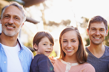 Image showing Portrait, smile and family outdoor at garden for love, bonding and kid together with grandpa in summer. Face, happy parents and child at park for connection with mother, father or care of grandfather