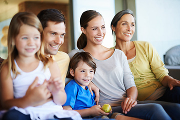 Image showing Family, group and smile or generations outdoor for bonding connection at holiday home for vacation, support or reunion. Men, women and children or outside with grandmother or relax, together or care