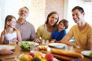 Image showing Family, healthy and lunch table with food for eating, wellness snack with generations or grandparents together. Happy, home and nutrition or vitamins in meal for child, salad or fruits with beverages