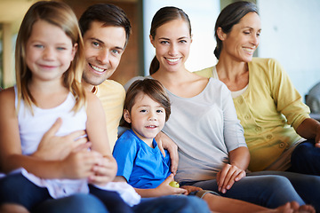 Image showing Big family, portrait and happy on sofa for love with bonding, care and affection for memories. Generations, together and relax in living room on couch for relationship growth with support for comfort