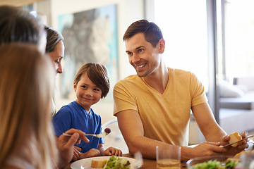 Image showing Family, man and brunch with child and food for eating, wellness snack with generations or grandparents together. Happy, home and nutrition or vitamins in meal, salad or fruits with beverages