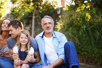 Image showing Big family, portrait and together in backyard for love or bonding, care and memories with happiness. Grandpa, legacy and proud of generations, relax and garden for relationship growth or connection