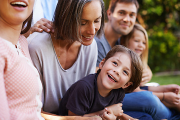 Image showing Family, happiness and together in garden for love or bonding, care and memories. Fun, backyard and relax in summer for relationship growth or connection with unity and affection on vacation.