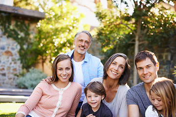 Image showing Big family, happiness and portrait in backyard for love or bonding, care and memories together. Generations, garden and relax in summer for relationship growth or connection with unity and affection.