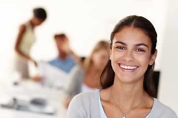 Image showing Happy, face and smile for businesswoman, office and meeting in workplace with colleagues. Portrait, teamwork and female intern person for design company, employee and trainee for business training