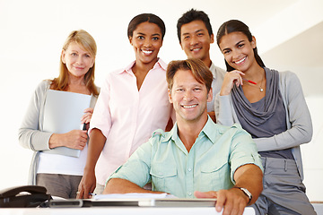 Image showing Business people, portrait and smile for teamwork in office, diversity and together in solidarity at work. HR team, happy and face for collaboration of staff and recruitment for onboarding project