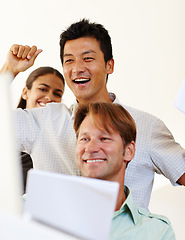 Image showing Business people, sucess and deal in office, happy or cheering for corporate negotiation or policy change. Legal team, paperwork and congratulations for company teamwork and diversity for partnership