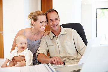 Image showing Parents, baby and laptop for home budget, planning and happy with finance, taxes or loan registration. Mother, father or family with child and computer for investment, savings and asset management