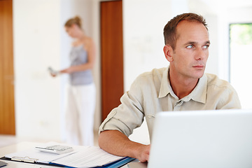 Image showing Business man, laptop and thinking of work from home solution, planning and ideas. Accountant, worker or freelancer on his computer with inspiration, thoughtful and brainstorming for career or job