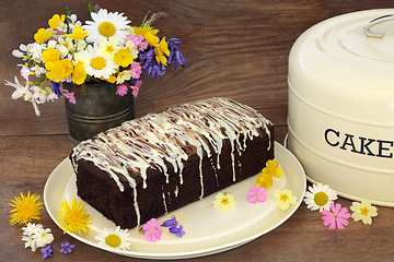 Image showing Chocolate Chip Cake with Spring Wildflowers