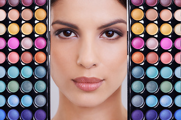 Image showing Woman, eyeshadow and color in collage, makeup and beauty for dermatology, skin and fashion. Female person, face and cosmetics in studio, cosmetology and products for glow, femininity and wellness