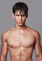 Image showing Man, portrait and muscle confidence in studio for workout transformation or strong chest, grey background or bodybuilder. Male person, model and face on mockup space for fitness, wellness or health