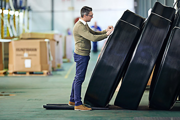 Image showing Checklist, shipment and business man with inventory, for delivery, shipping logistics or stock inspection in warehouse. Distribution, ecommerce and worker for freight, supply chain or quality control