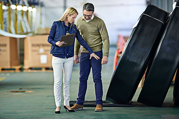 Image showing Inventory, logistics and business people with checklist in warehouse for delivery, shipping or stock inspection. Distribution, ecommerce and teamwork for freight, supply chain or quality control