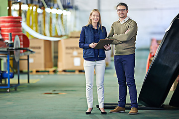 Image showing Warehouse, portrait and people with clipboard for shipment, inventory and boxes for shipping. Colleagues, team and collaboration on import or export, factory and paperwork for logistics on delivery