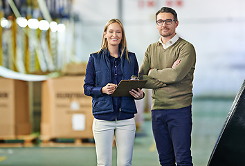 Image showing Warehouse, portrait and people with clipboard for distribution, inventory and boxes for shipping. Colleagues, team and collaboration on import or export, factory and papers for logistics on delivery