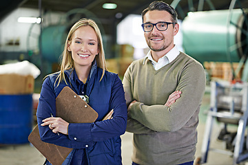 Image showing Warehouse, portrait and people with clipboard for supplying, inventory and boxes for shipping. Colleagues, teamwork and collaboration on import or export, factory and paper for logistics on delivery