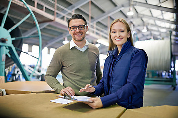 Image showing Warehouse, portrait and people with clipboard for stock, inventory and boxes for shipping. Colleagues, teamwork and collaboration on import or export, factory and paperwork for logistics on delivery