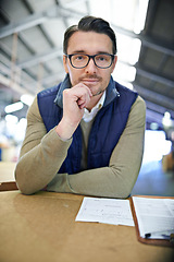 Image showing Portrait, supervisor and businessman in logistics with paperwork at factory for machines and supply chain. Mature man, warehouse and clipboard on table in manufacturing and distribution business