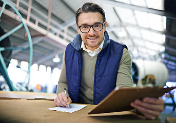 Image showing Man, portrait and clipboard in warehouse for logistics inspection for checklist, delivery or supply chain. Male person, face and factory worker for e commerce company, manufacture or distribution