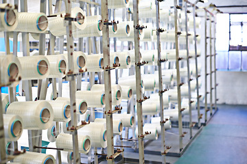 Image showing Spool, stock and product manufacturing with warehouse, industry and supply chain for storage. Industrial plant, factory and logistics for freight, commercial distribution and equipment supplier cargo