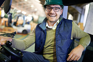 Image showing Man, portrait and forklift in warehouse fr logistics distribution for supply chain factory, import or delivery. Male person, face and hardhat for supplier manufacturing or courier, storage or driving