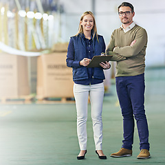 Image showing Warehouse, portrait and people with clipboard for cargo, inventory and boxes for shipping. Colleagues, teamwork and collaboration on import or export, factory and paperwork for logistics on delivery