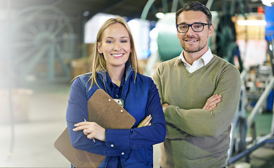 Image showing Warehouse, portrait and confident people with clipboard for stock, inventory and shipping. Colleagues, teamwork and collaboration on import or export, factory and paperwork for logistics on delivery