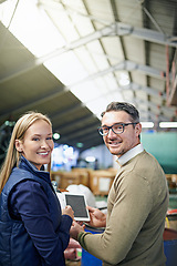 Image showing Factory, logistics and portrait of business people with tablet for manufacturing, ecommerce or distribution. Man, woman and smile with technology for supply chain, inventory or teamwork on inspection