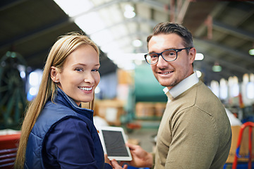 Image showing Business people, industry and portrait in warehouse with tablet for collaboration, ecommerce and distribution. Woman, man and smile with digital technology for supply chain, teamwork and inspection