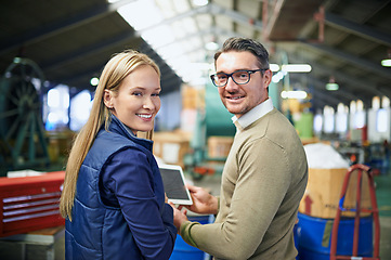 Image showing Man, woman and portrait in warehouse with tablet for inspection or stock for supply chain, distribution or manufacturing. Factory workers, face and teamwork or courier logistics, import or delivery