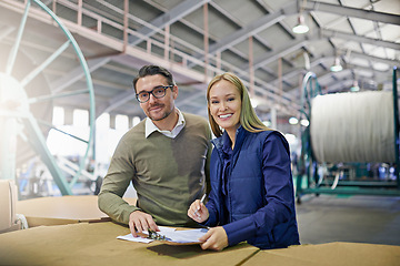 Image showing Warehouse, portrait and people with clipboard for package, inventory and boxes for shipping. Colleagues, teamwork and collaboration on import or export, factory and document for logistics on delivery