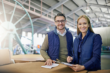 Image showing Warehouse, portrait and people with clipboard for boxes, inventory and cargo for shipping. Colleagues, teamwork and collaboration on import or export, factory and paperwork for logistics on delivery