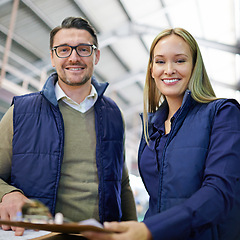 Image showing Warehouse, portrait and people with clipboard for transport, inventory and boxes for shipping. Colleagues, teamwork and collaboration on import or export, factory and papers for logistics on delivery