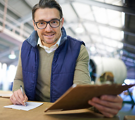 Image showing Man, portrait and clipboard in factory for logistics inspection for checklist, supervisor or supply chain. Male person, face and warehouse worker for e commerce delivery, manufacture or distribution