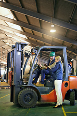 Image showing Inspector, warehouse and team with forklift working on site, loading on dock with Industrial moving vehicle. Teamwork, together or woman with clipboard for shipping inventory, hardhat for safety