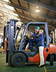 Image showing Talking, warehouse and workers with forklift working on site, loading on dock with Industrial moving vehicle. Teamwork, together or woman with clipboard for shipping inventory, hardhat for safety