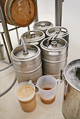 Image showing Brewery, tank and craft beer in container for production with manufacturing process, distillation and alcohol in jug. Industrial industry, closeup and brewing drum in factory, warehouse or distillery