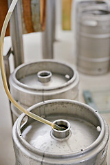 Image showing Brewery, tank and pipe in machine for production with manufacturing process, distillation and craft beer in keg. Industrial industry, closeup and brewing container in factory, warehouse or distillery