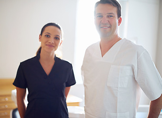 Image showing Happy, portrait or dentist team in consulting office for help, advice or mouth wellness exam. Dental, oral care or doctor and orthodontist intern with friendly service, teeth whitening or hygiene