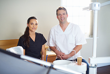 Image showing Portrait, smile or dentist team in consulting office for help, advice or mouth wellness exam. Dental, oral care or doctor and orthodontist intern with friendly service, teeth whitening or hygiene