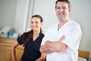 Image showing Portrait, smile or dentist team in consulting office for help, advice or mouth wellness exam. Dental, oral care or doctor and orthodontist intern with friendly service, teeth whitening or hygiene