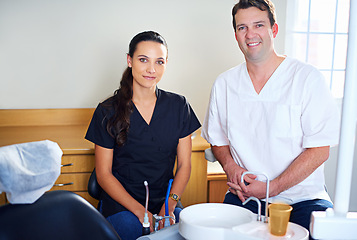 Image showing Smile, doctor and dental assistant with confidence in portrait for medical treatment at hospital. Happy orthodontist and nurse for teeth whitening, oral hygiene and mouth healthcare at clinic