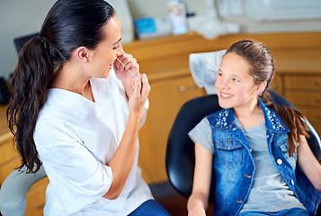 Image showing Woman, child and dentist floss with happy people, oral show for examination for hygiene and health. Teeth, orthodontist and working in medical practice, dental wellbeing or consulting for cleaning