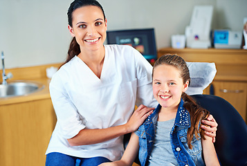 Image showing Healthcare, clinic and portrait of dentist with child for cleaning, teeth whitening and wellness. Happy, dentistry and woman and girl with tools for dental hygiene, oral care and medical services