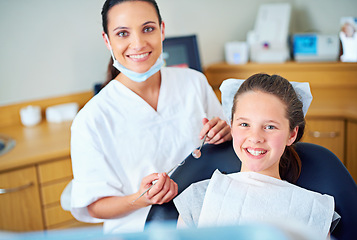 Image showing Consulting, happy and portrait of dentist with child for cleaning, teeth whitening and wellness. Healthcare, dentistry and woman and girl with tools for dental hygiene, oral care and medical services